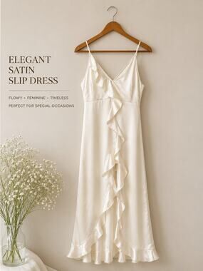 White Satin Slip Dress Size M Babydoll Maxi Formal Evening Wedding Bridal Shower